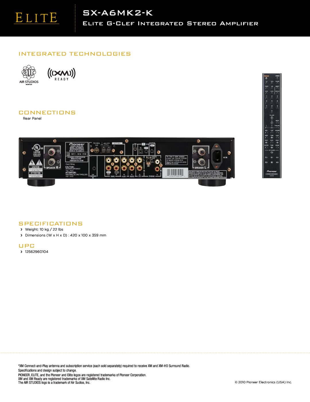 Pioneer SX-A6MK2-K manual Integrated Technologies Connections, Specifications, Elite G-Clefintegrated Stereo Amplifier 