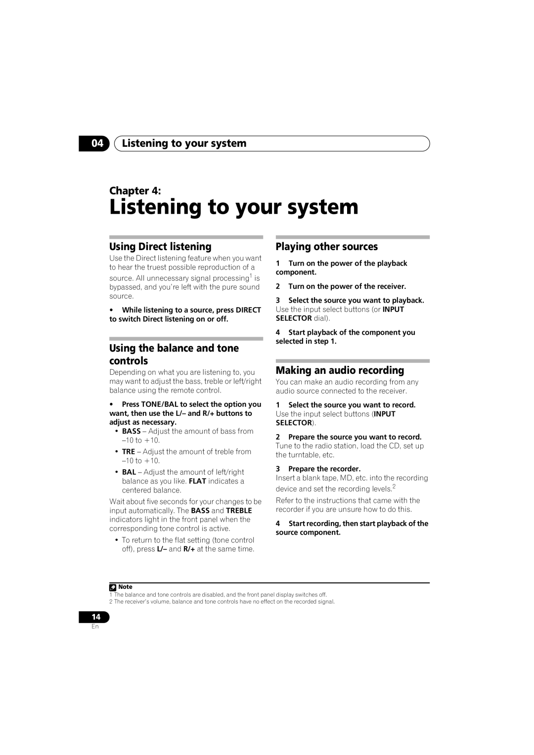 Pioneer SX-A6MK2-K 04Listening to your system Chapter, Using Direct listening, Using the balance and tone controls 