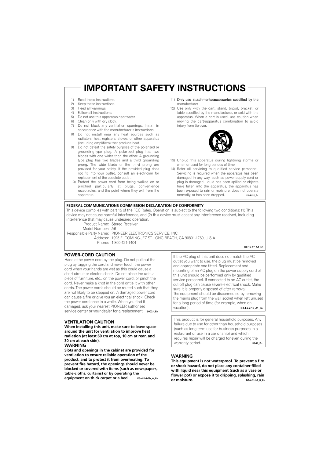 Pioneer SX-A6MK2-K operating instructions Power-Cordcaution, Ventilation Caution,  