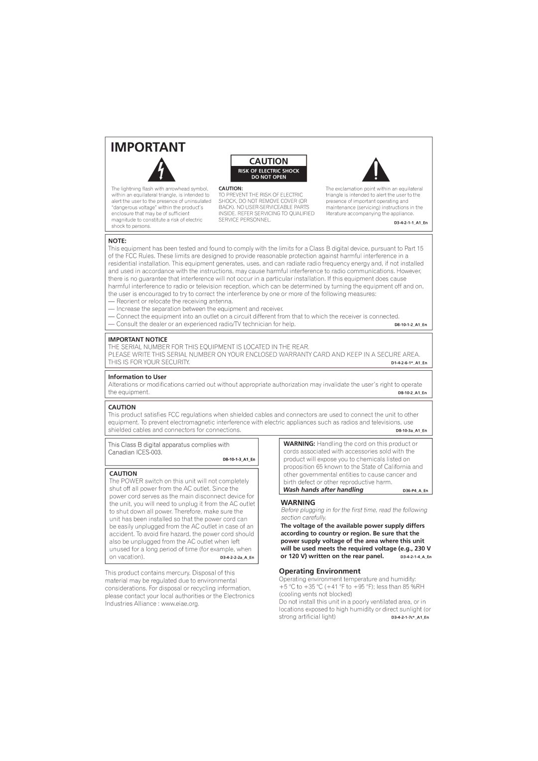 Pioneer SX-A9MK2-K manual , Operating Environment 