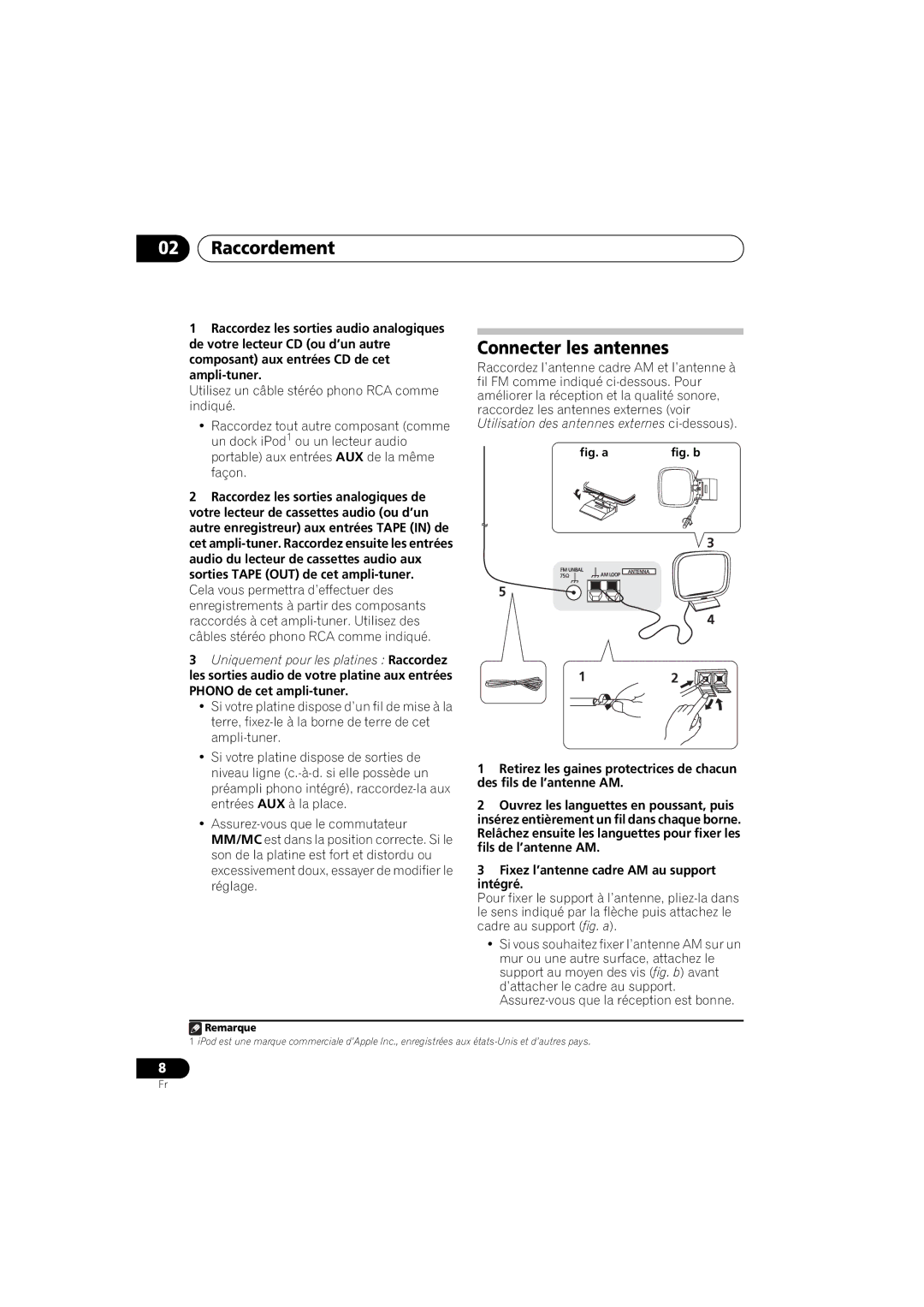 Pioneer SX-A9MK2-K manual Raccordement, Connecter les antennes, Fixez l’antenne cadre AM au support intégré 