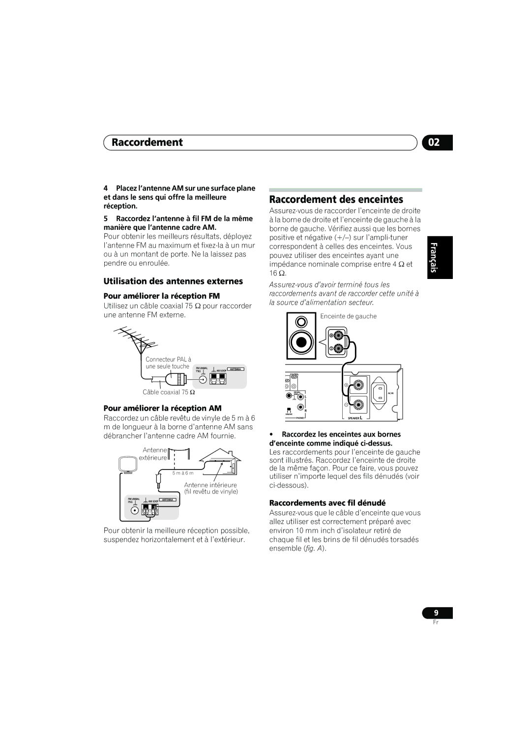 Pioneer SX-A9MK2-K manual Raccordement des enceintes, Utilisation des antennes externes, Pour améliorer la réception FM 