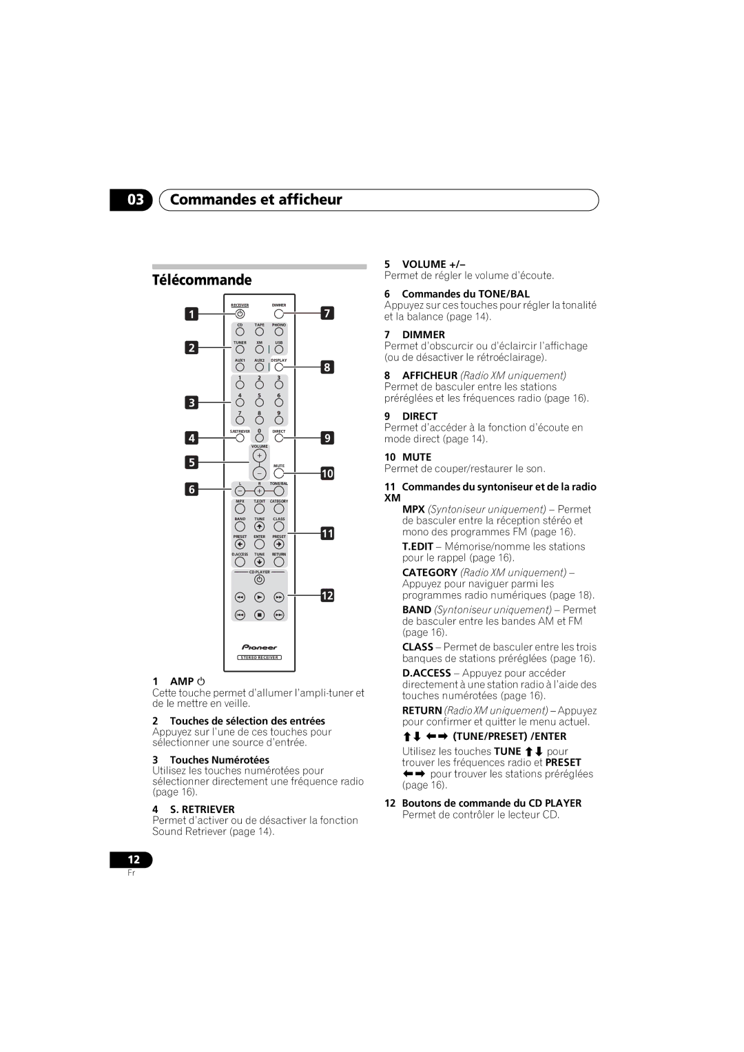 Pioneer SX-A9MK2-K manual Commandes et afficheur Télécommande, Mute,   Tune/Preset /Enter 