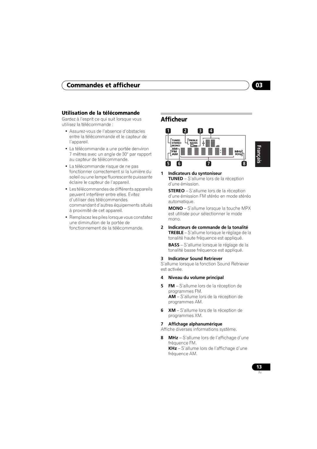 Pioneer SX-A9MK2-K manual Commandes et afficheur, Afficheur, Utilisation de la télécommande 