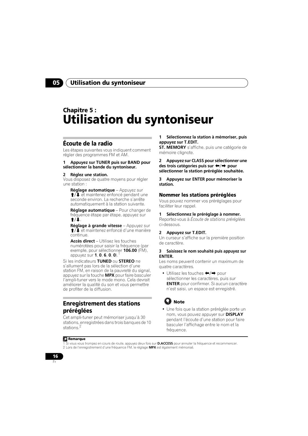 Pioneer SX-A9MK2-K Utilisation du syntoniseur Chapitre, Écoute de la radio, Enregistrement des stations préréglées 