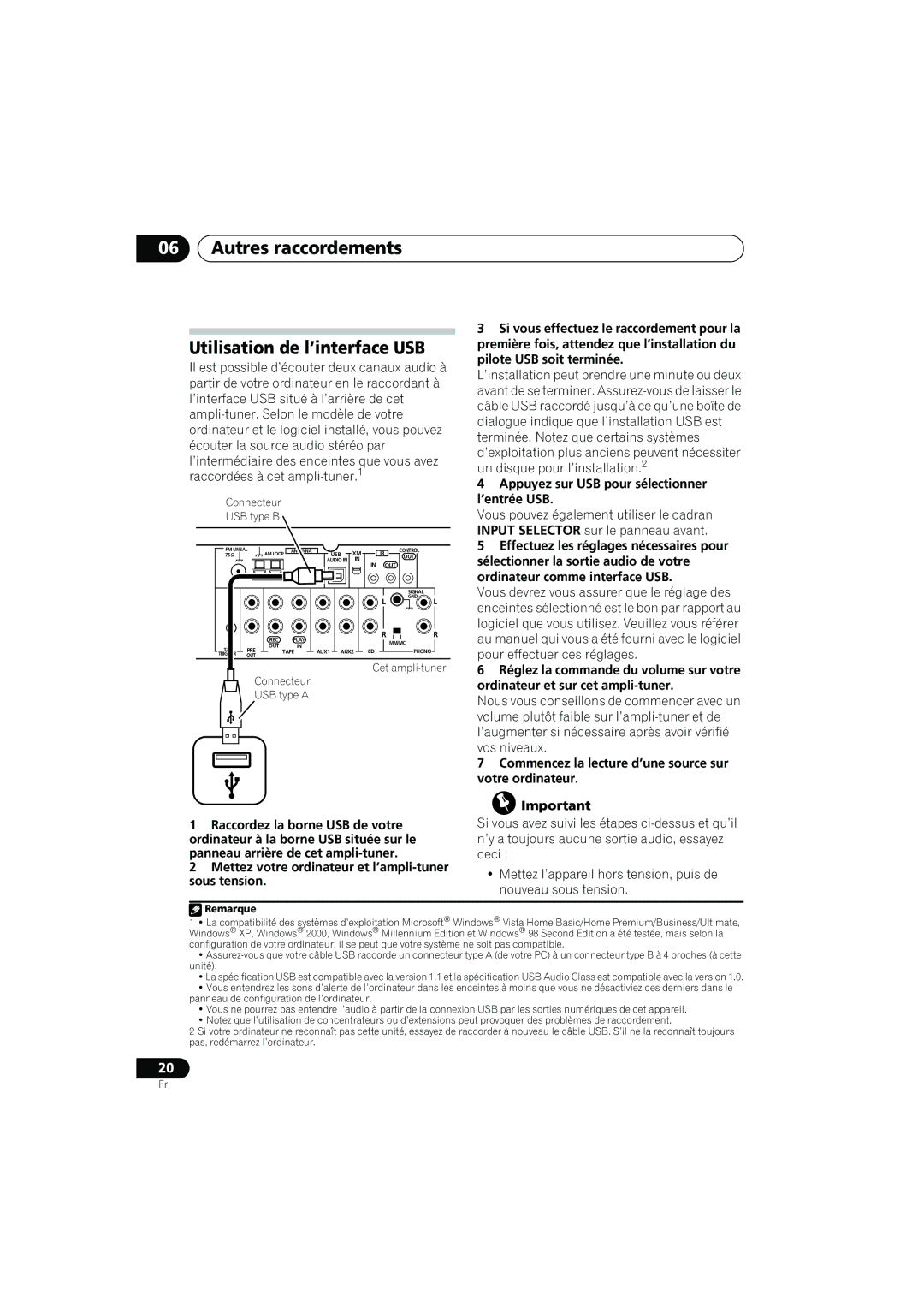 Pioneer SX-A9MK2-K Autres raccordements Utilisation de l’interface USB, Appuyez sur USB pour sélectionner l’entrée USB 