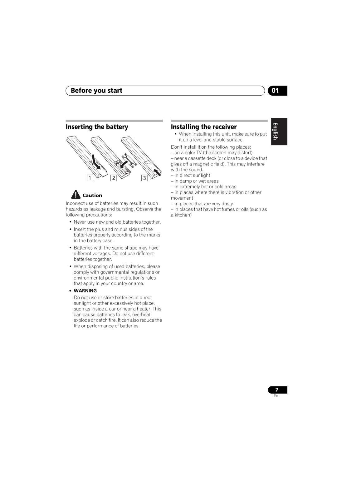 Pioneer SX-A9MK2-K manual Before you start Inserting the battery, Installing the receiver 