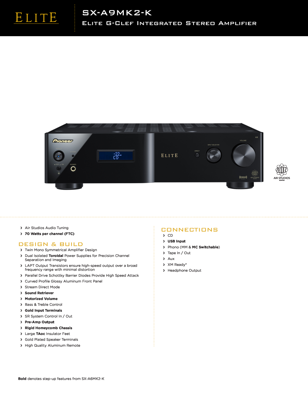 Pioneer SX-A9MK2-K manual Elite G-Clefintegrated Stereo Amplifier, Design & Build, Connections, ›› Motorized Volume 