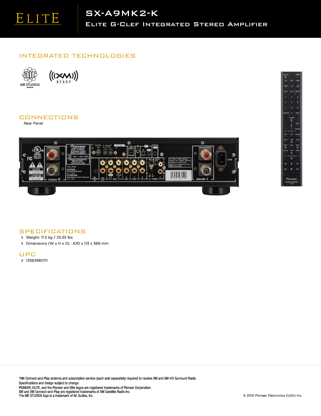 Pioneer SX-A9MK2-K manual Integrated Technologies Connections, Specifications, Elite G-Clefintegrated Stereo Amplifier 