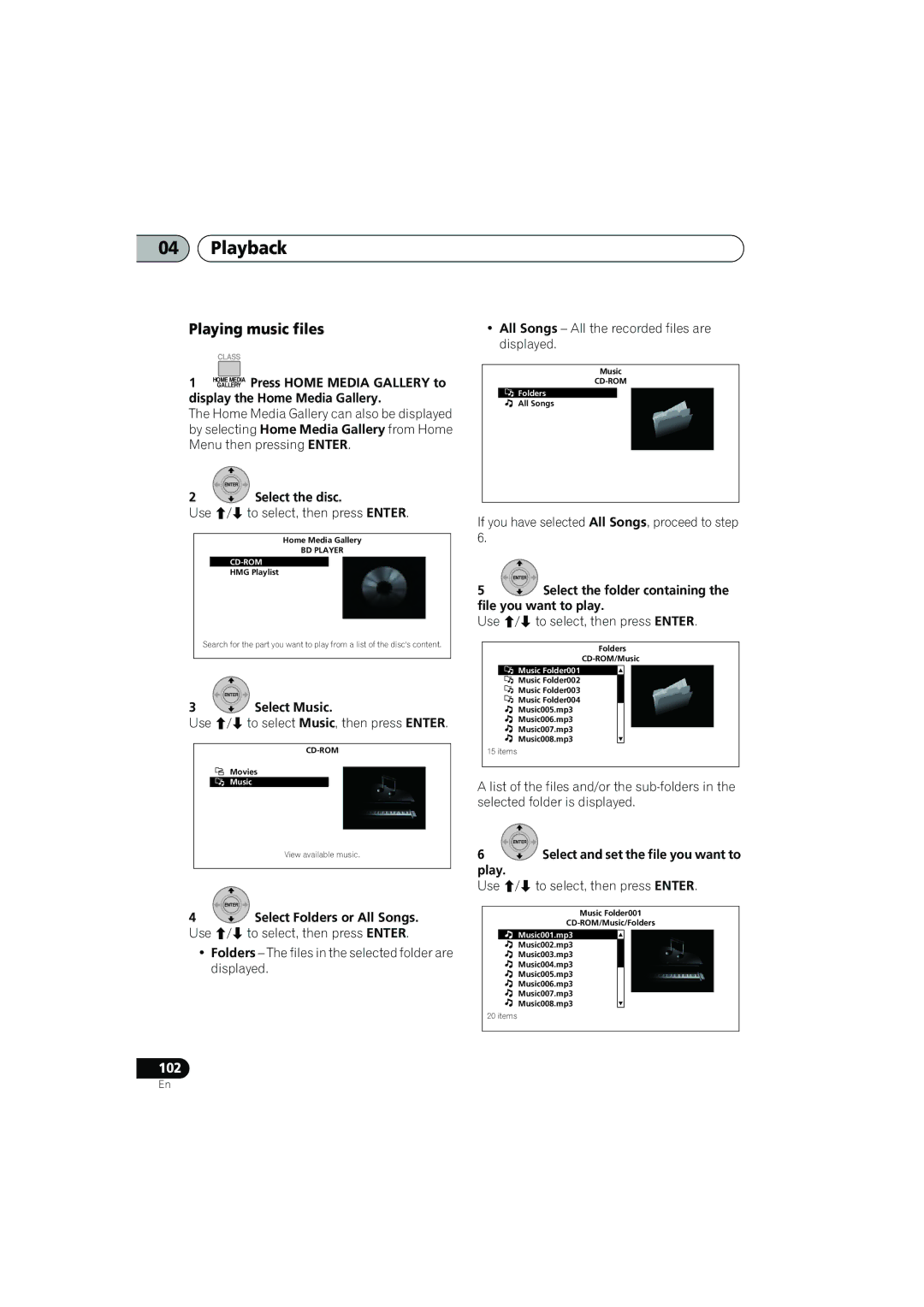 Pioneer SX-LX03 manual Use / to select Music, then press Enter, All Songs All the recorded files are displayed 