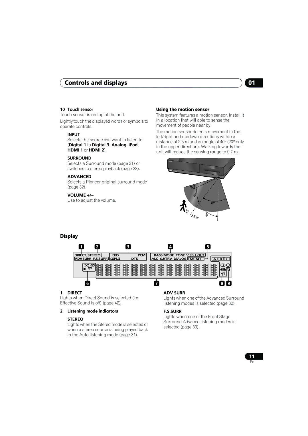 Pioneer SX-LX03 manual Display, Using the motion sensor, Touch sensor, Use to adjust the volume, Listening mode indicators 