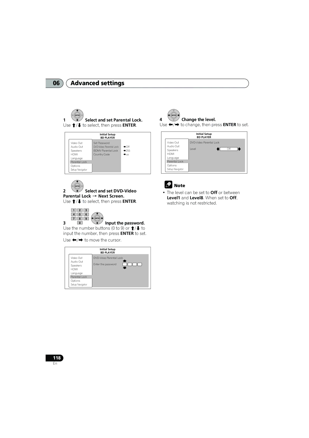 Pioneer SX-LX03 manual Select and set DVD-Video, Parental Lock  Next Screen, Input the password 