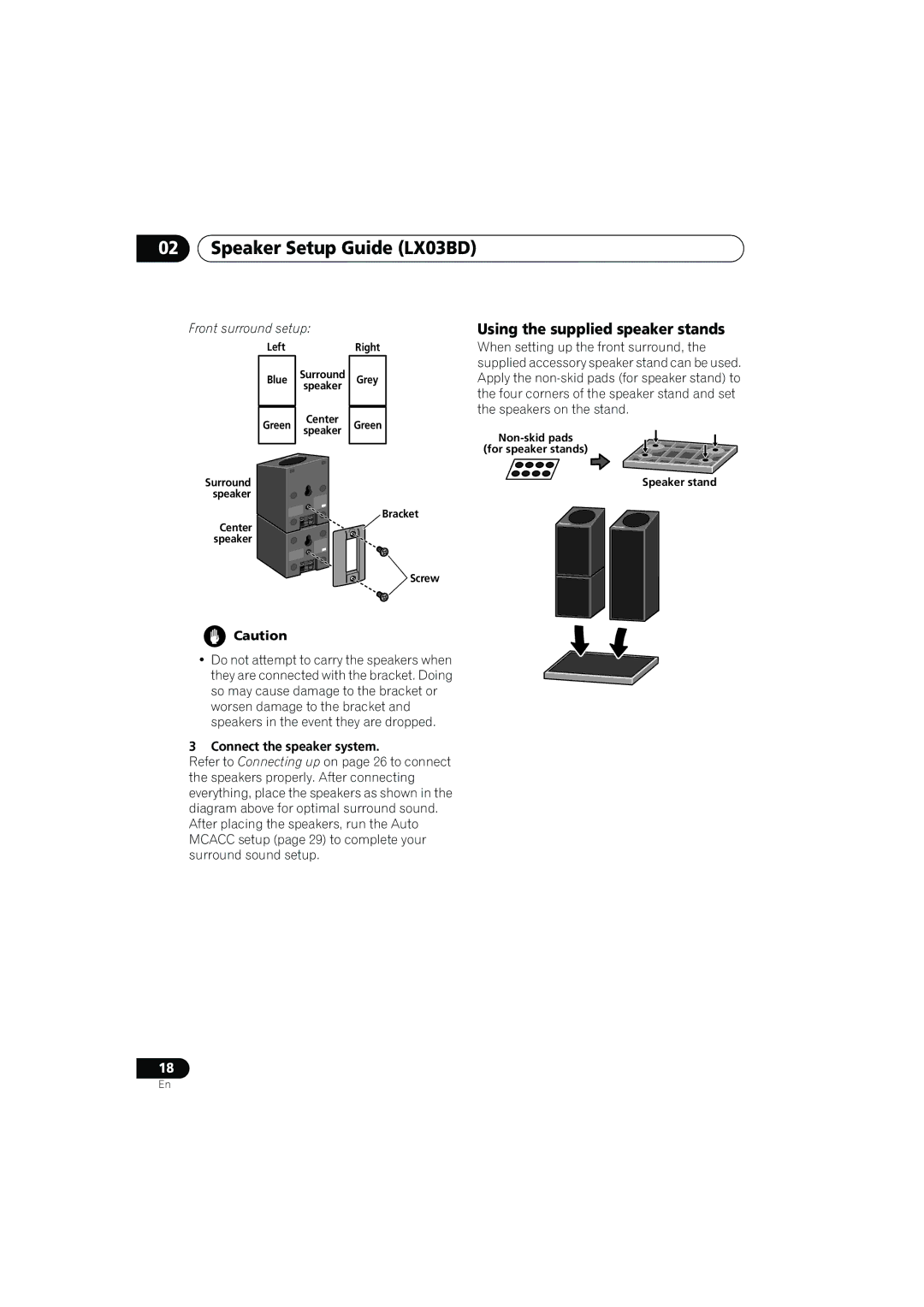 Pioneer SX-LX03 manual Speaker Setup Guide LX03BD, Using the supplied speaker stands, Connect the speaker system 