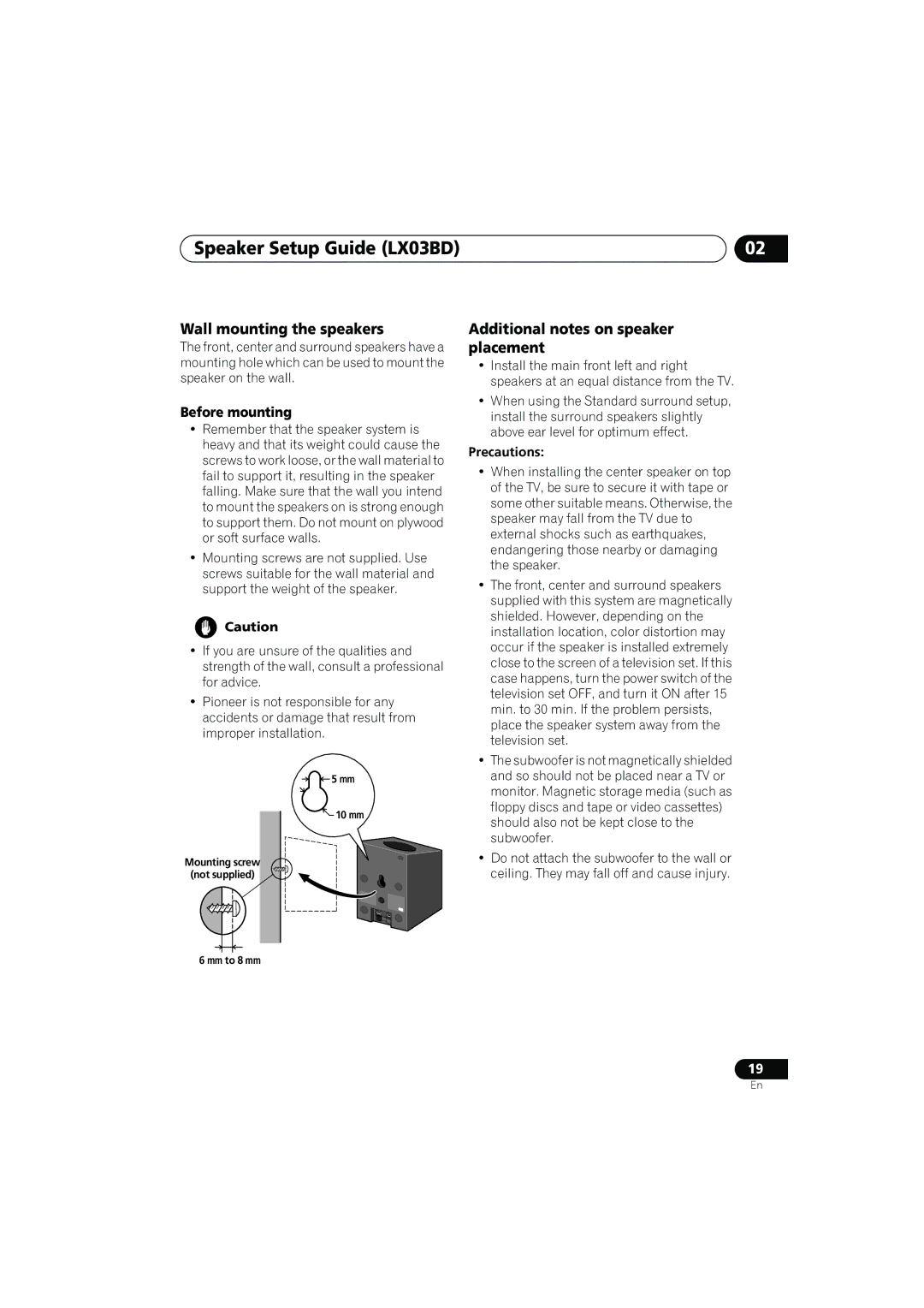Pioneer SX-LX03 manual Wall mounting the speakers, Additional notes on speaker placement, Before mounting, Precautions 