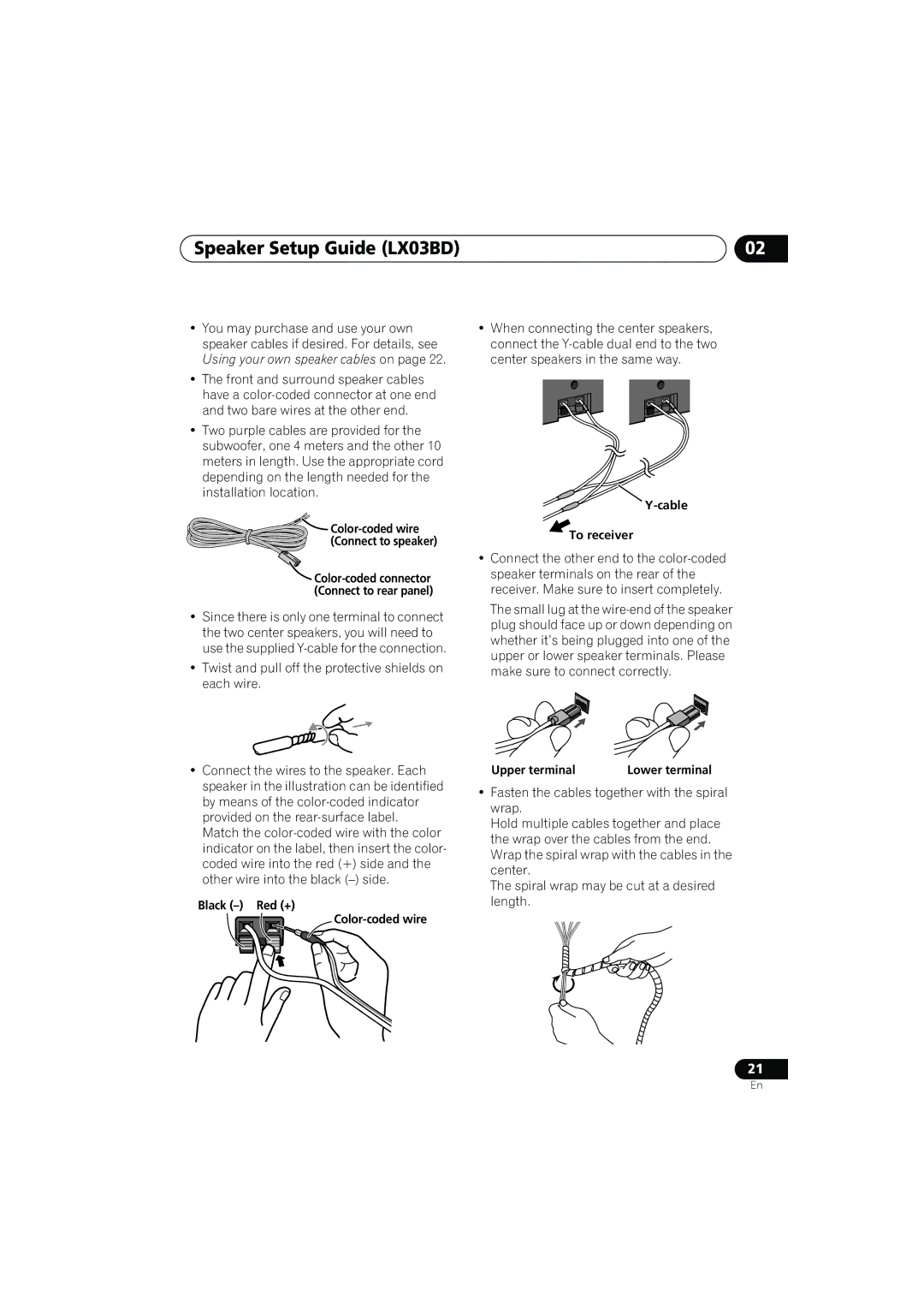 Pioneer SX-LX03 manual Black Red + Color-coded wire, Cable To receiver, Upper terminal 