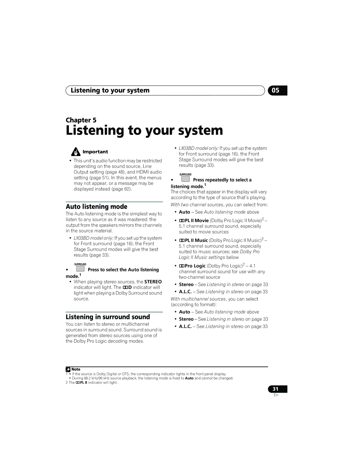 Pioneer SX-LX03 manual Listening to your system Chapter, Auto listening mode, Listening in surround sound 