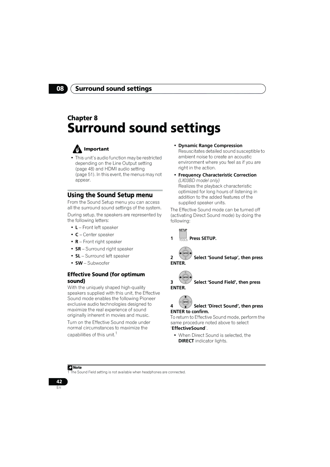 Pioneer SX-LX03 manual Surround sound settings Chapter, Using the Sound Setup menu, Effective Sound for optimum sound 