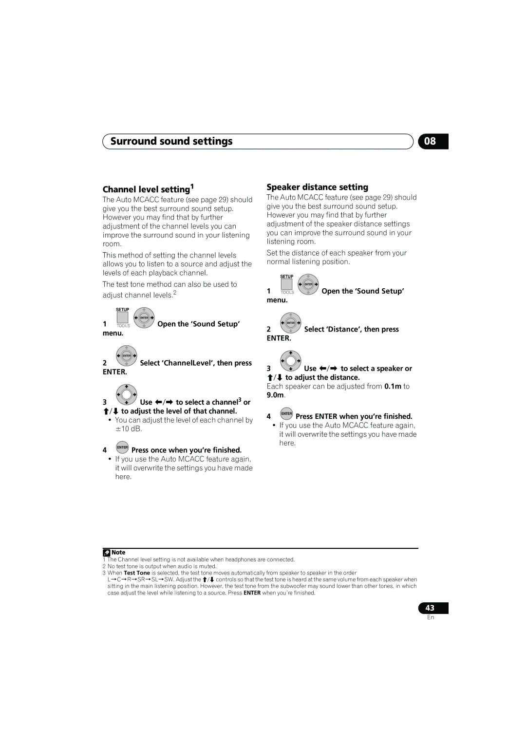 Pioneer SX-LX03 manual Surround sound settings, Channel level setting1, Speaker distance setting 