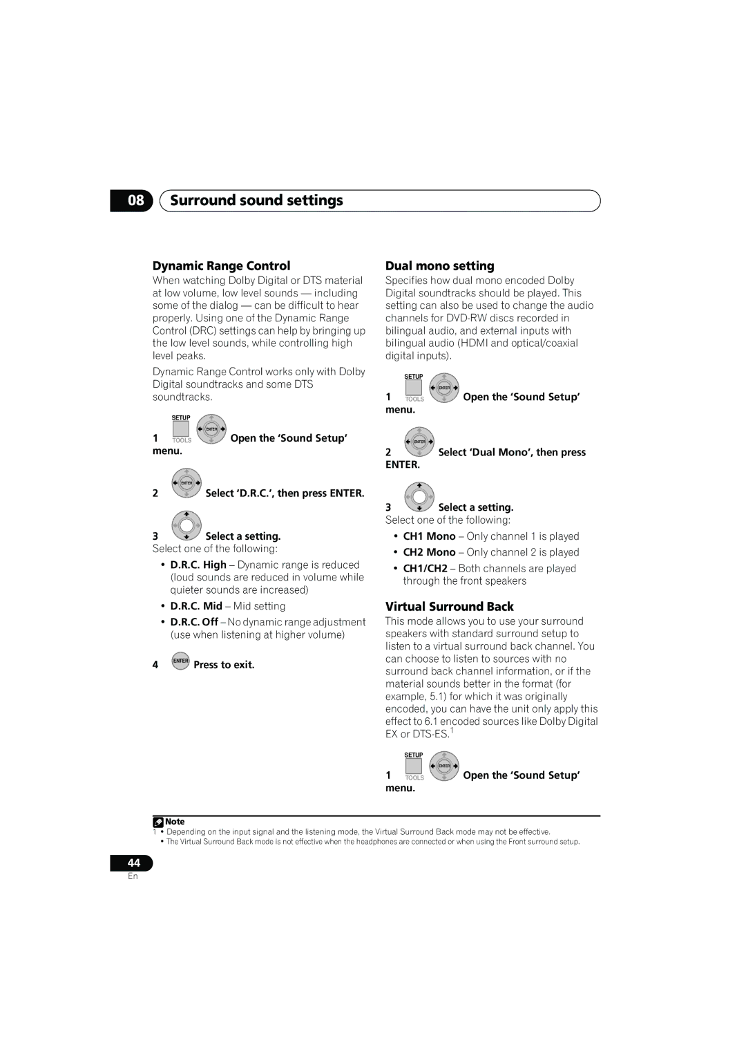 Pioneer SX-LX03 manual Dynamic Range Control, Dual mono setting, Virtual Surround Back 