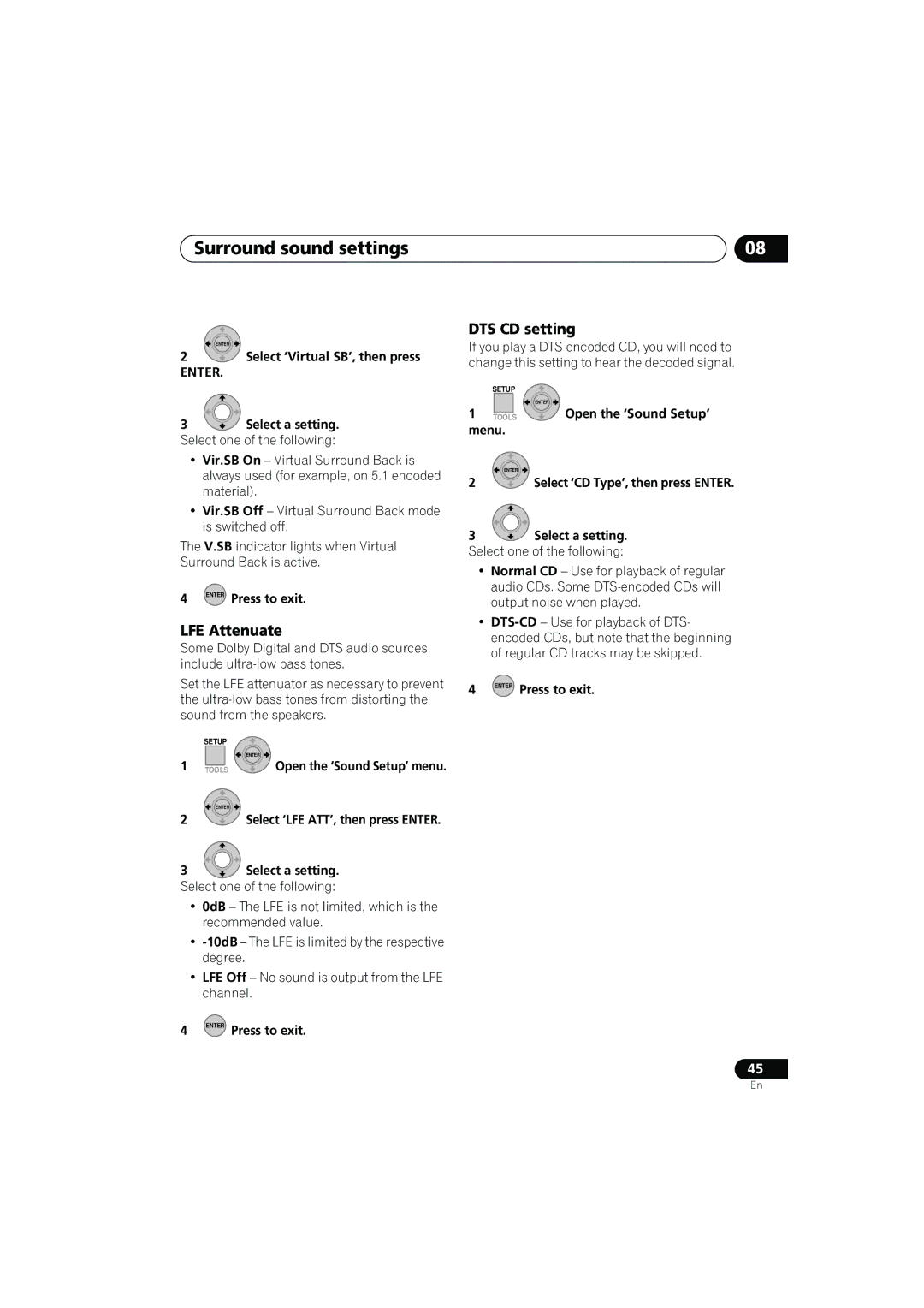 Pioneer SX-LX03 manual LFE Attenuate, DTS CD setting, Select a setting. Select one of the following 