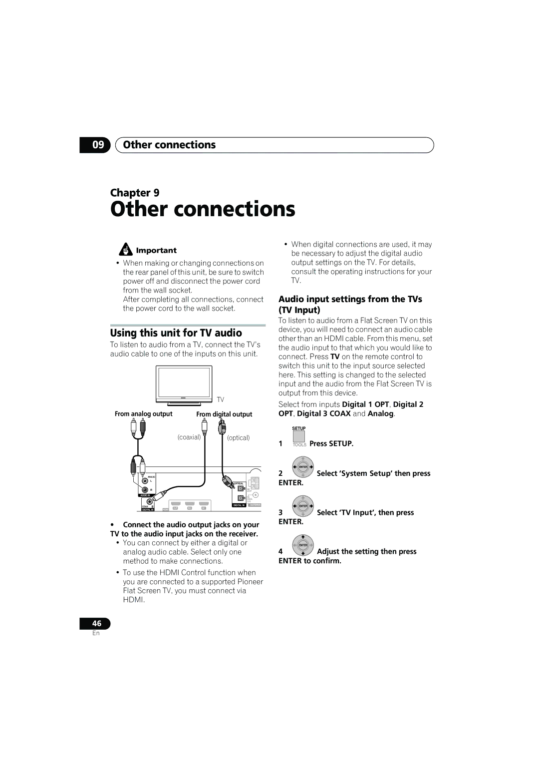 Pioneer SX-LX03 Other connections Chapter, Using this unit for TV audio, Audio input settings from the TVs TV Input 