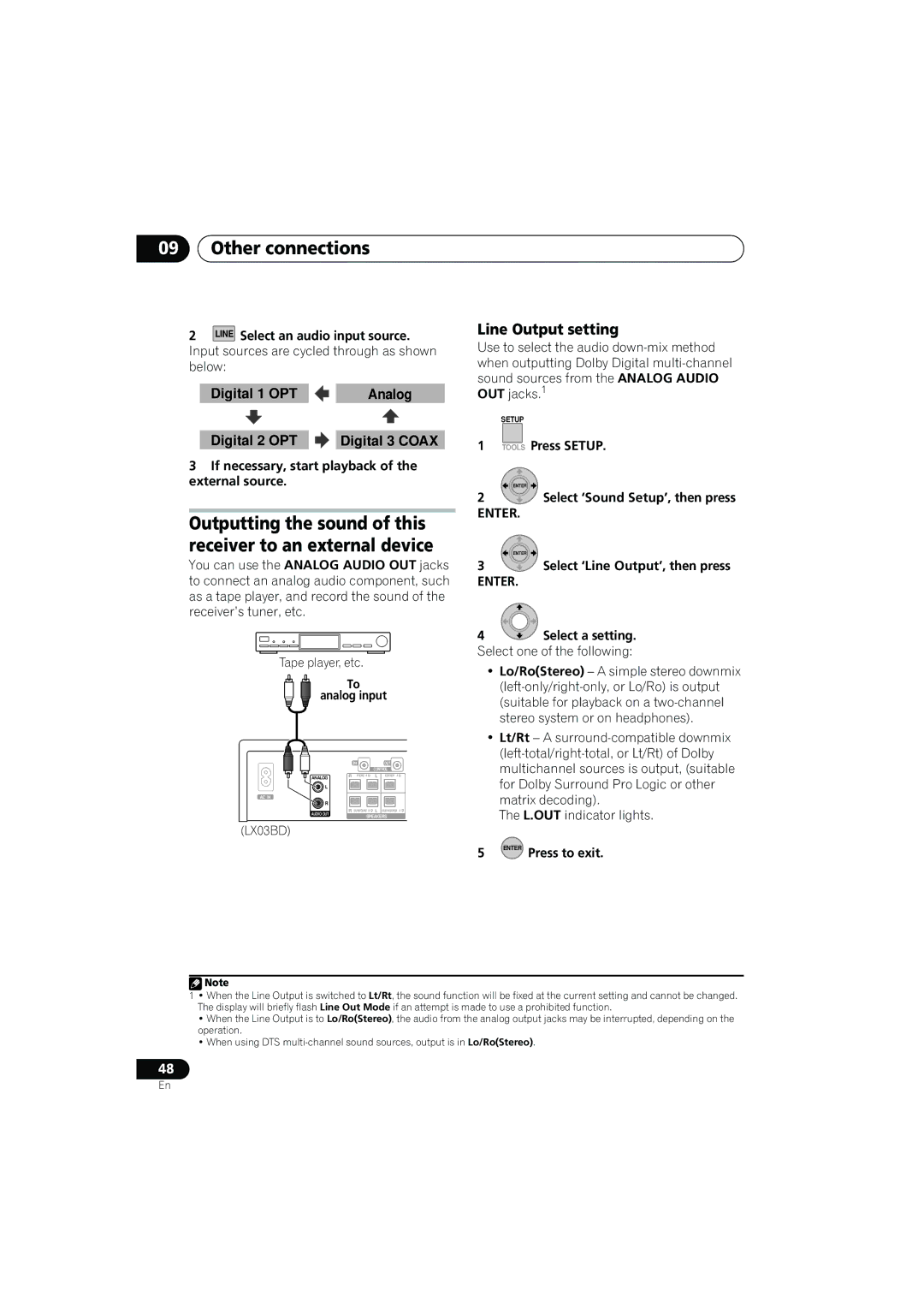 Pioneer SX-LX03 Line Output setting, Line Select an audio input source, Input sources are cycled through as shown below 