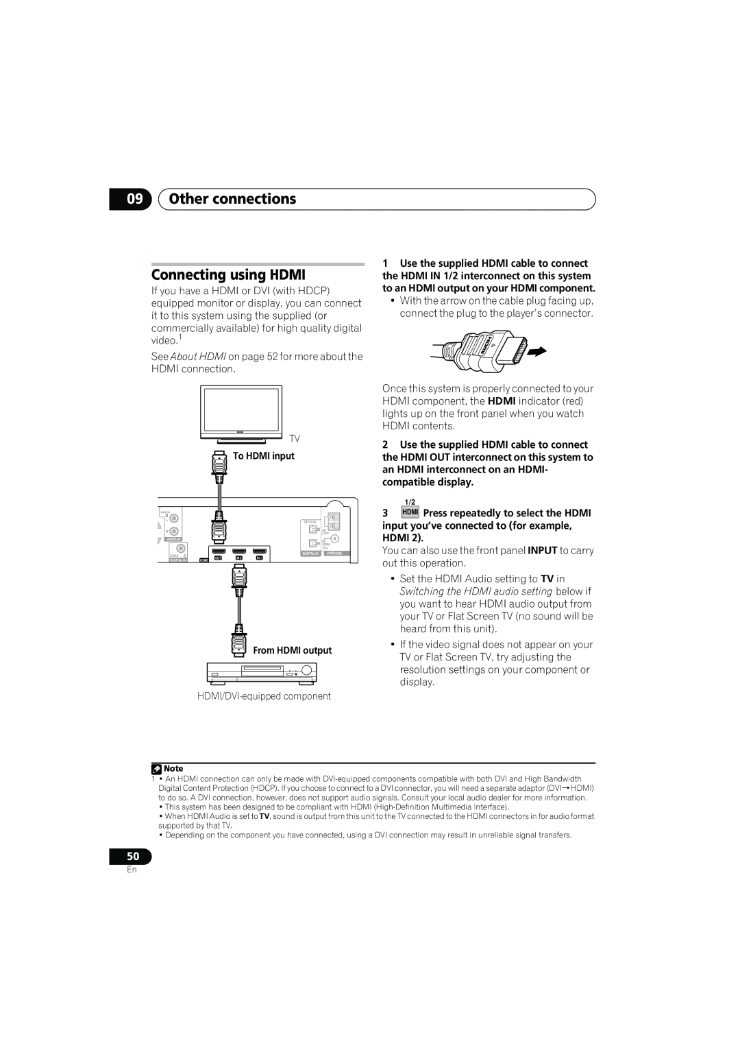 Pioneer SX-LX03 manual Other connections Connecting using Hdmi, To Hdmi input, HDMI/DVI-equipped component 