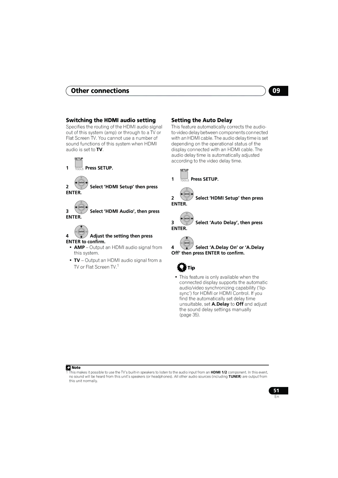 Pioneer SX-LX03 manual Switching the Hdmi audio setting, Setting the Auto Delay, Off’ then press Enter to confirm Tip 