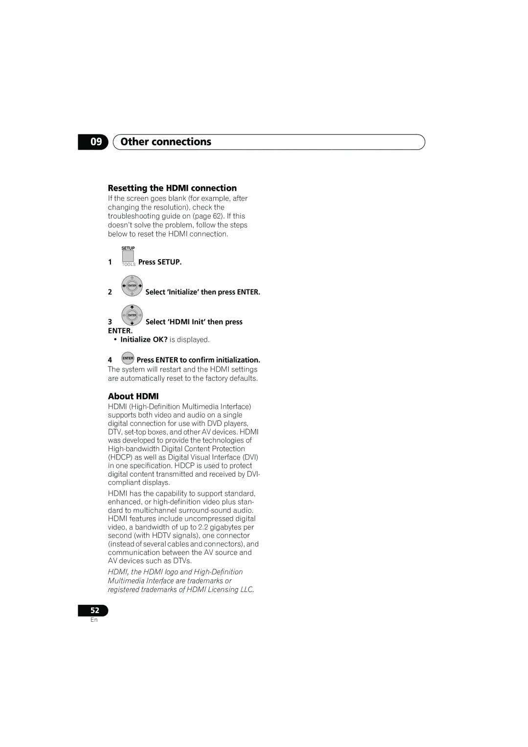 Pioneer SX-LX03 manual Resetting the Hdmi connection, About Hdmi, Select ‘HDMI Init’ then press 