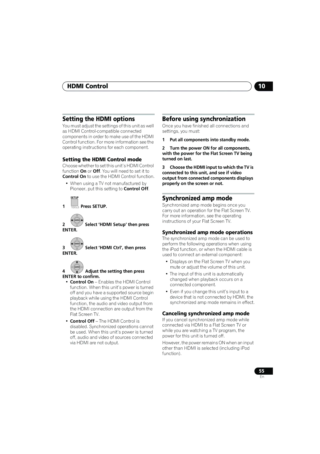 Pioneer SX-LX03 manual Hdmi Control Setting the Hdmi options, Before using synchronization, Synchronized amp mode 