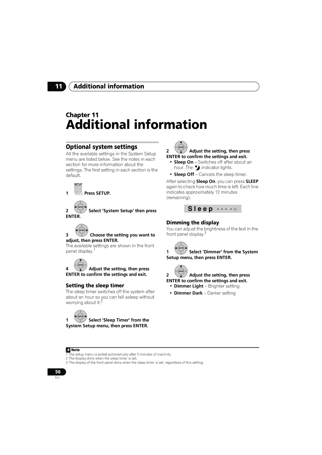 Pioneer SX-LX03 Additional information Chapter, Optional system settings, Setting the sleep timer, Dimming the display 