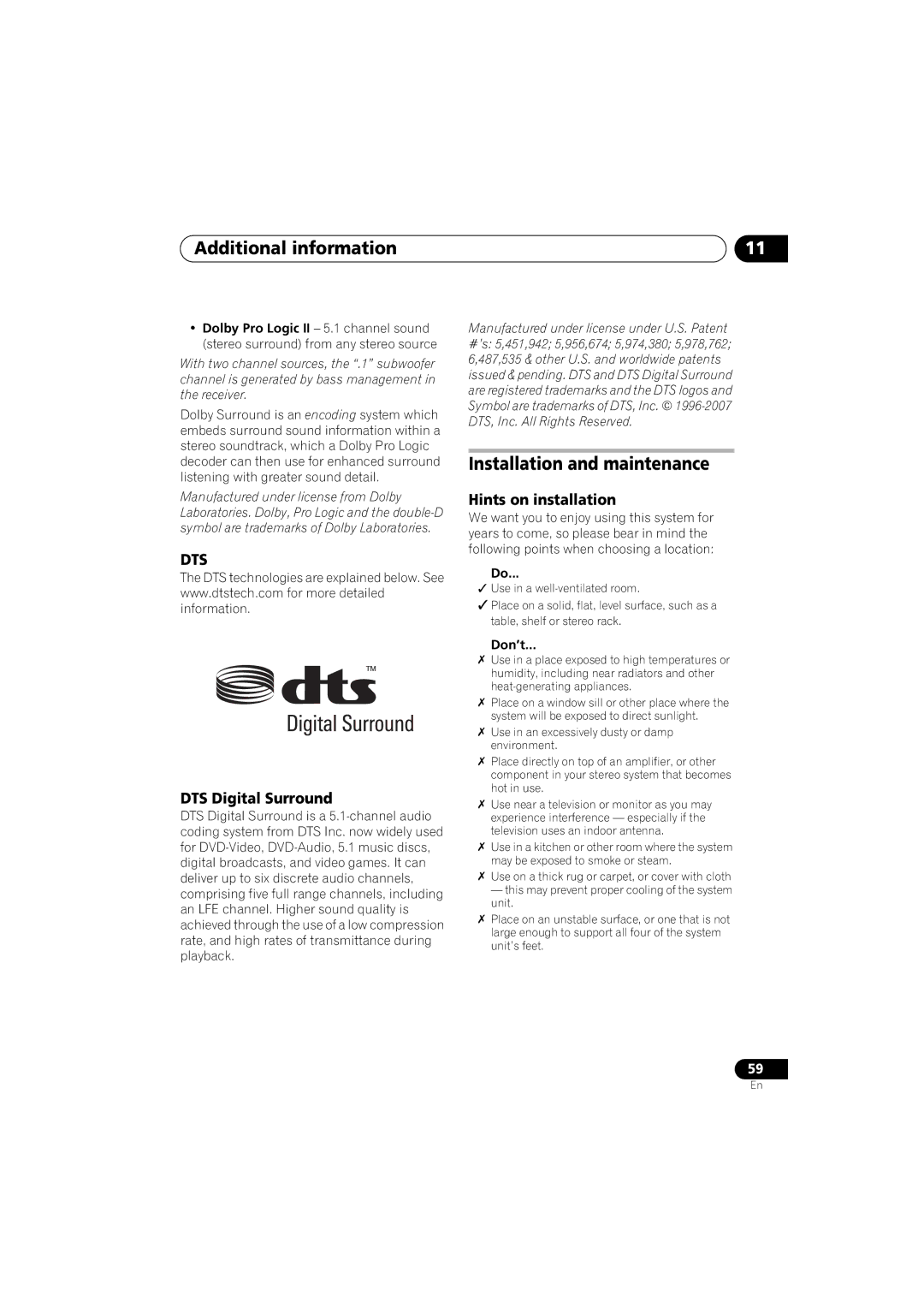 Pioneer SX-LX03 manual Installation and maintenance, DTS Digital Surround, Hints on installation, Don’t 