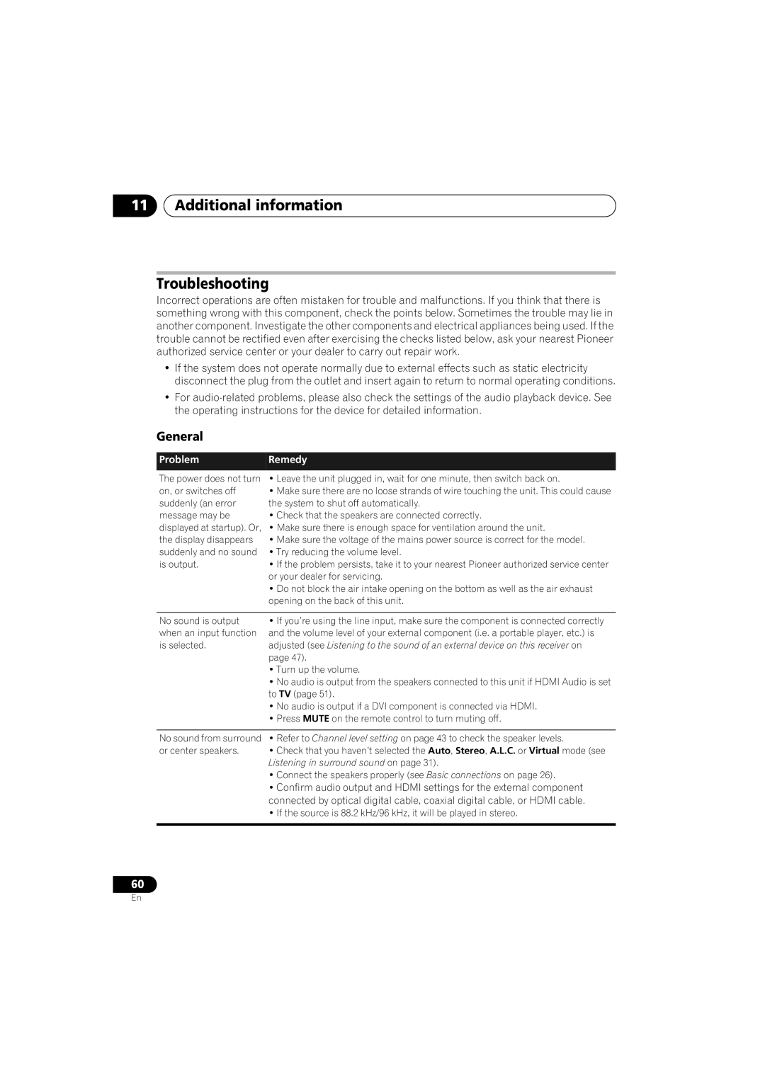 Pioneer SX-LX03 manual Additional information Troubleshooting, General 