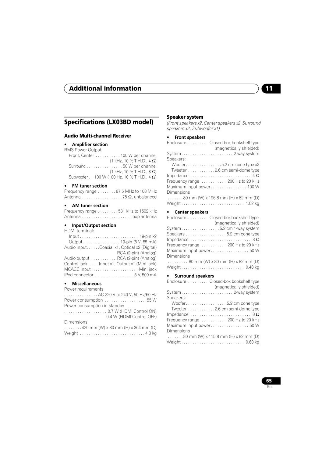 Pioneer SX-LX03 manual Additional information Specifications LX03BD model, Audio Multi-channel Receiver, Speaker system 