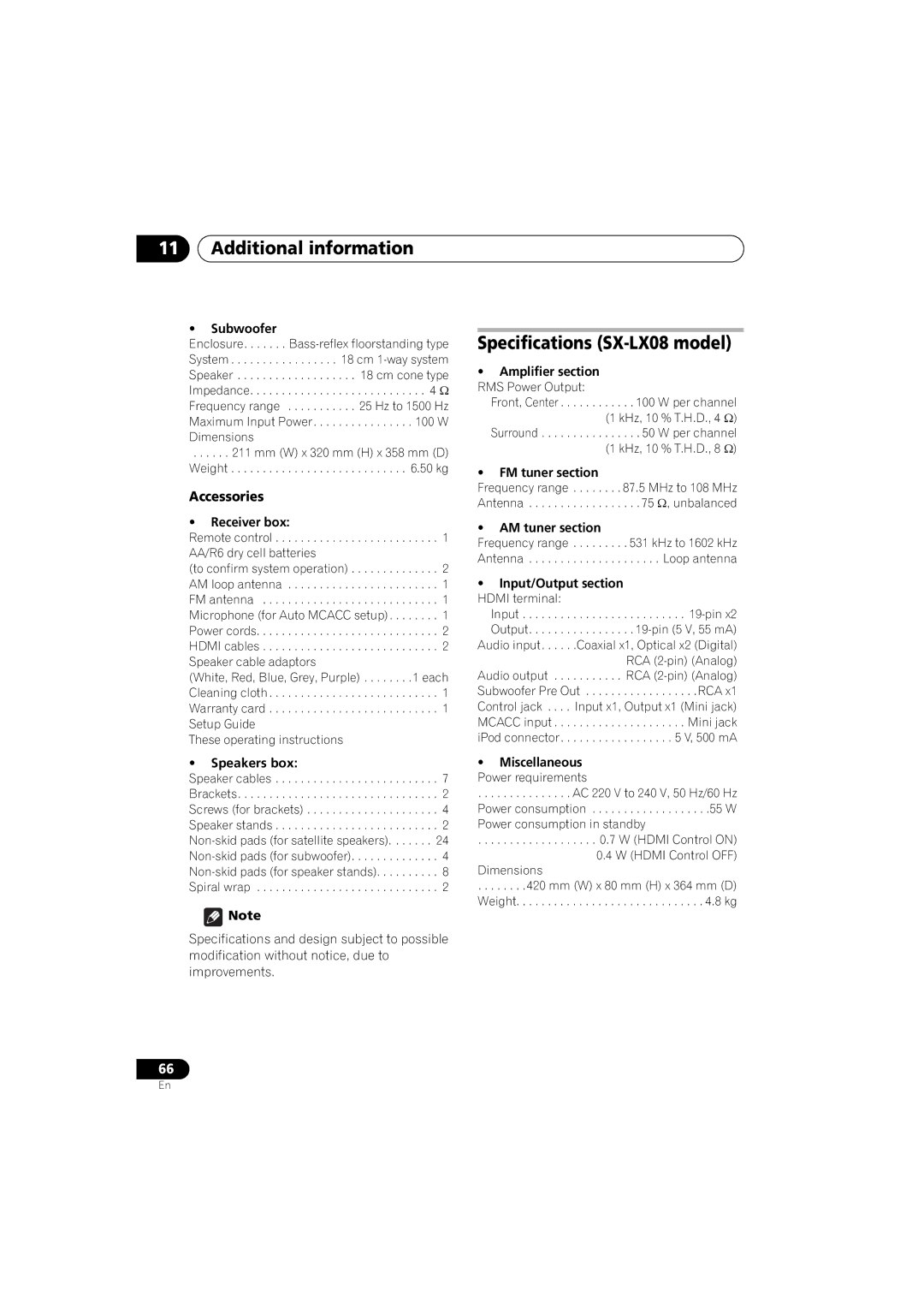 Pioneer SX-LX03 manual Specifications SX-LX08 model, Accessories, Subwoofer, Receiver box, Speakers box 