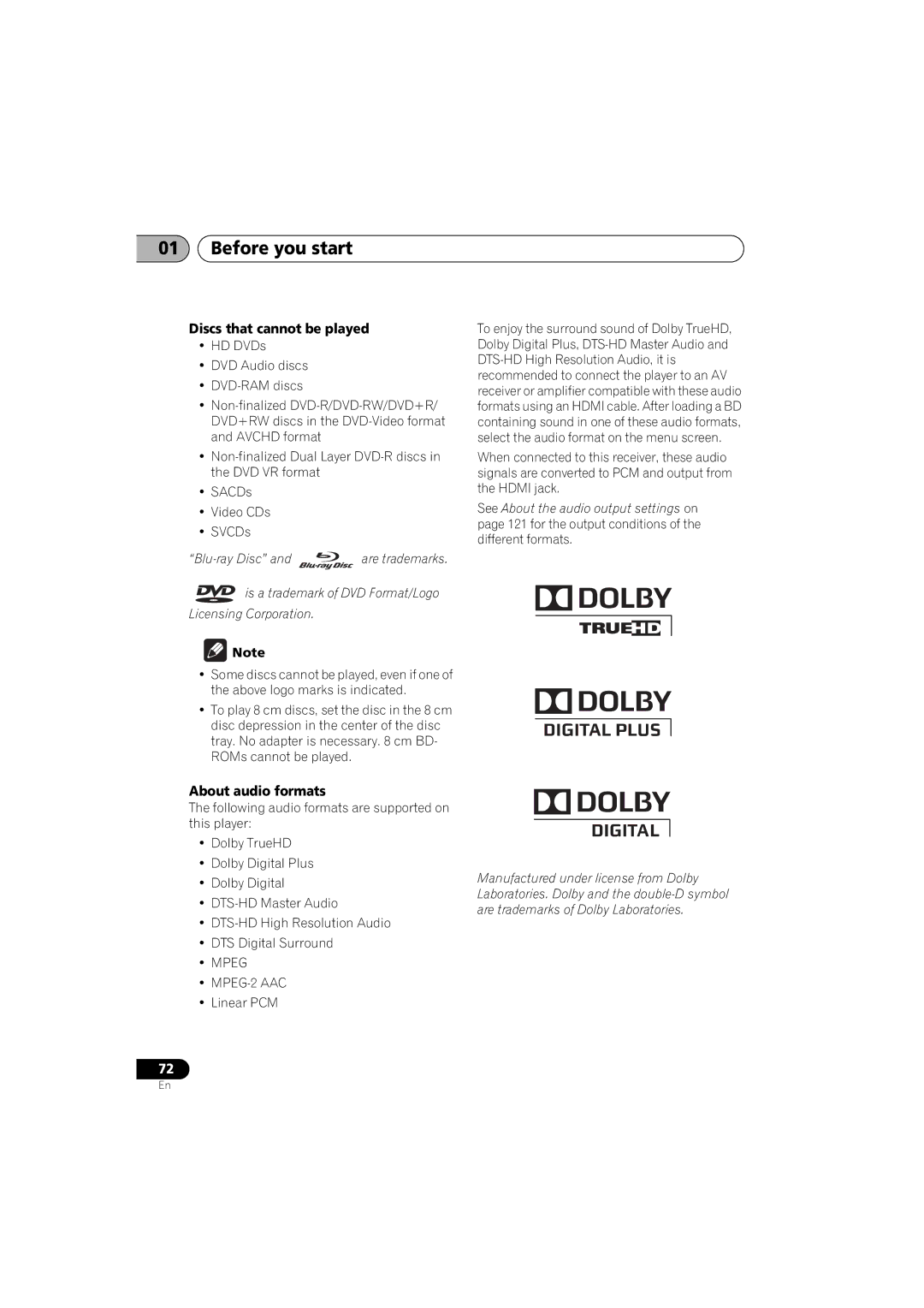 Pioneer SX-LX03 manual Before you start, Discs that cannot be played, About audio formats, Linear PCM 