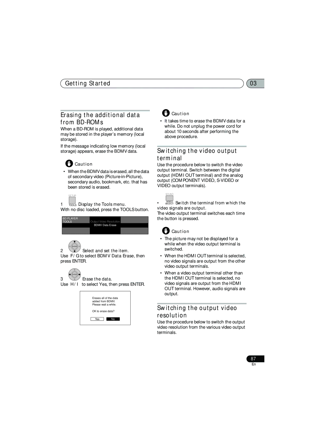 Pioneer SX-LX03 manual Getting Started Erasing the additional data from BD-ROMs, Switching the output video resolution 