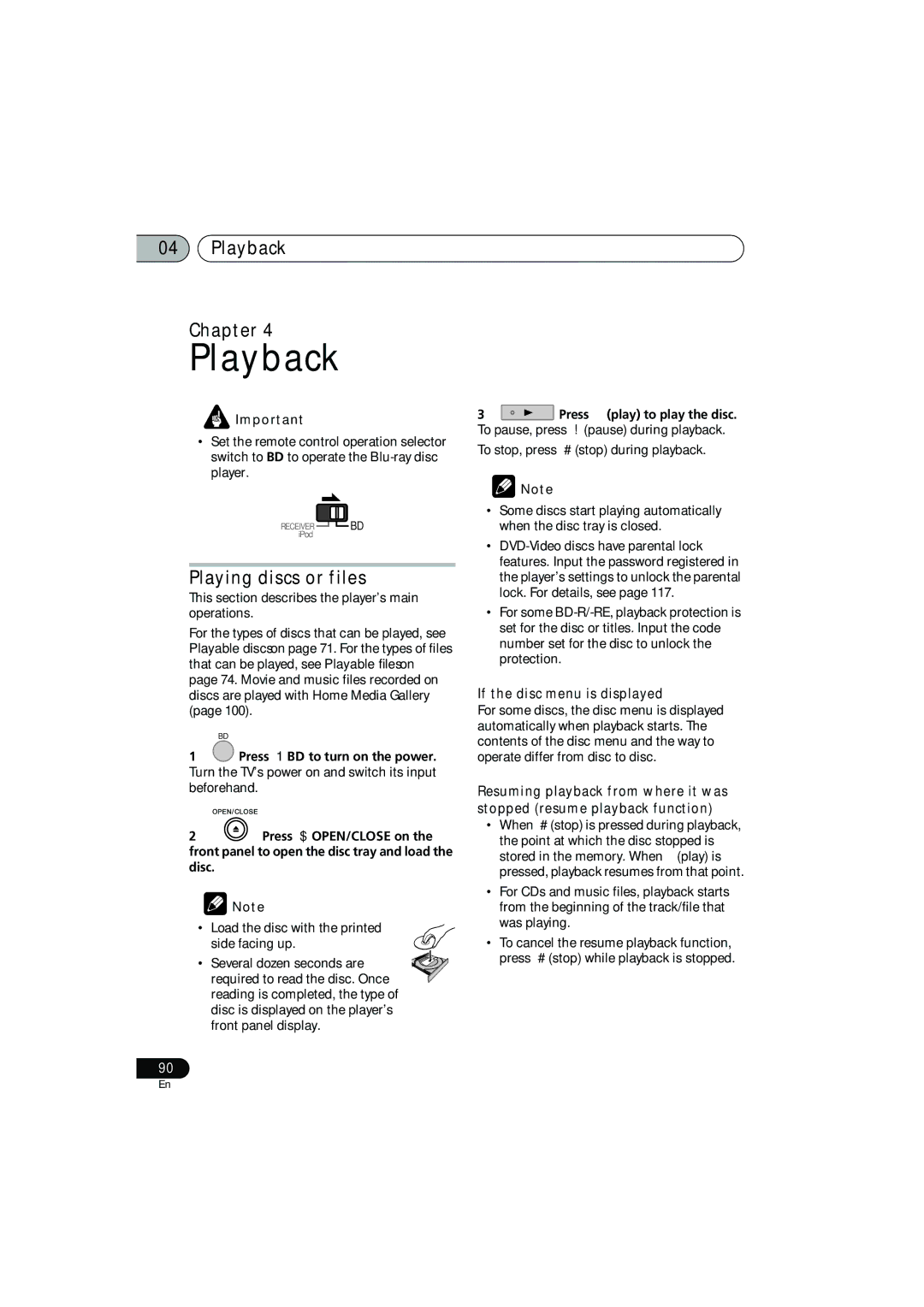 Pioneer SX-LX03 manual Playback Chapter, Playing discs or files, If the disc menu is displayed 