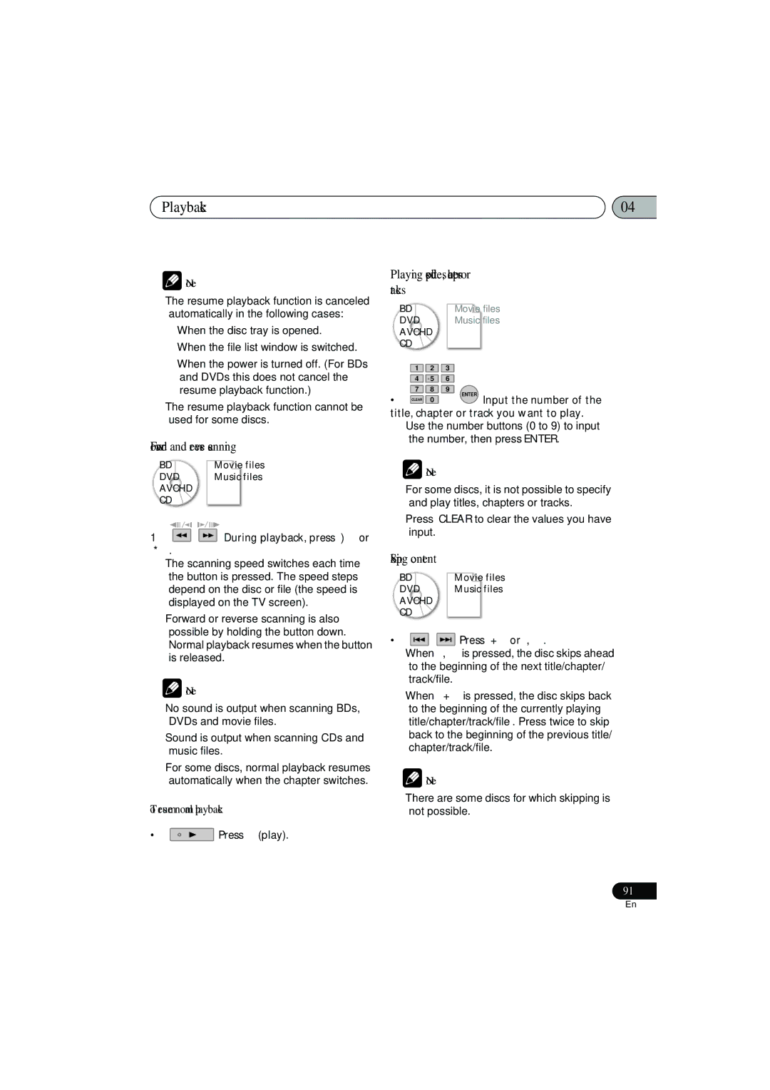 Pioneer SX-LX03 Playback, Forward and reverse scanning, Playing specific titles, chapters or tracks, Skipping content 