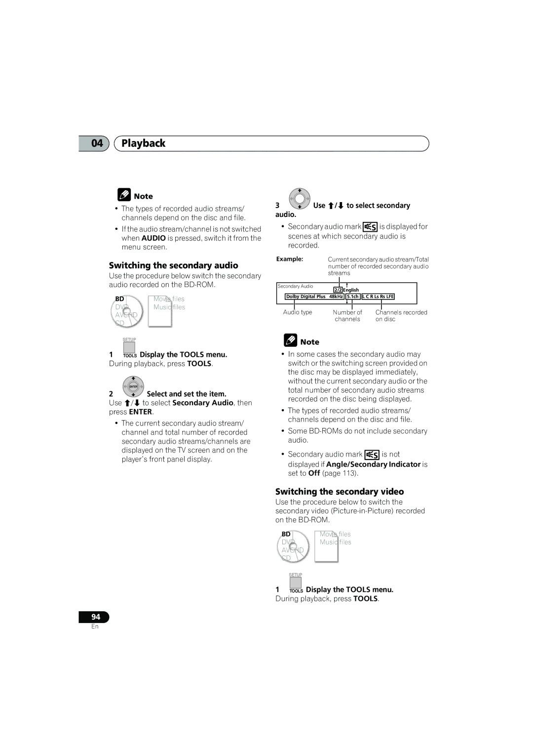 Pioneer SX-LX03 manual Switching the secondary audio, Switching the secondary video, Audio 