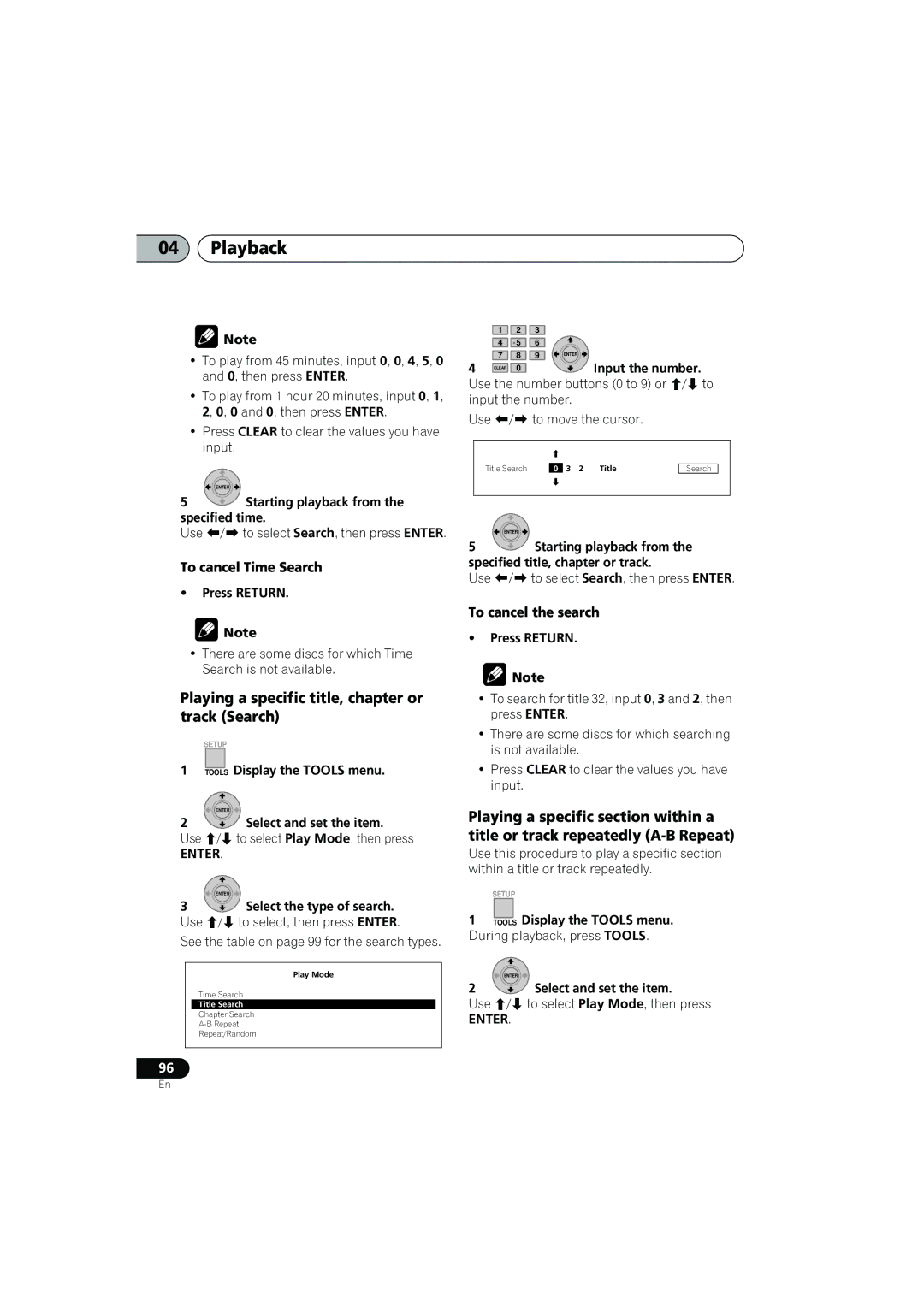 Pioneer SX-LX03 manual Playing a specific title, chapter or track Search, To cancel Time Search, To cancel the search 