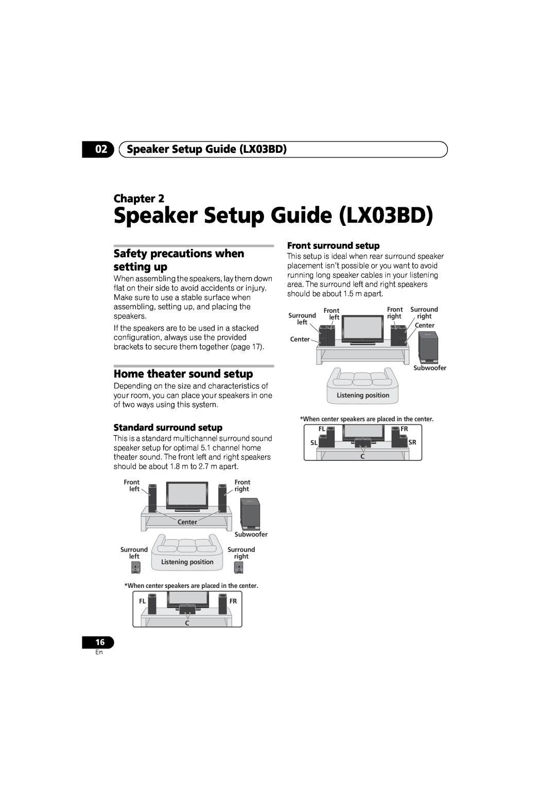 Pioneer SX-LX03 02Speaker Setup Guide LX03BD Chapter, Safety precautions when setting up, Home theater sound setup 