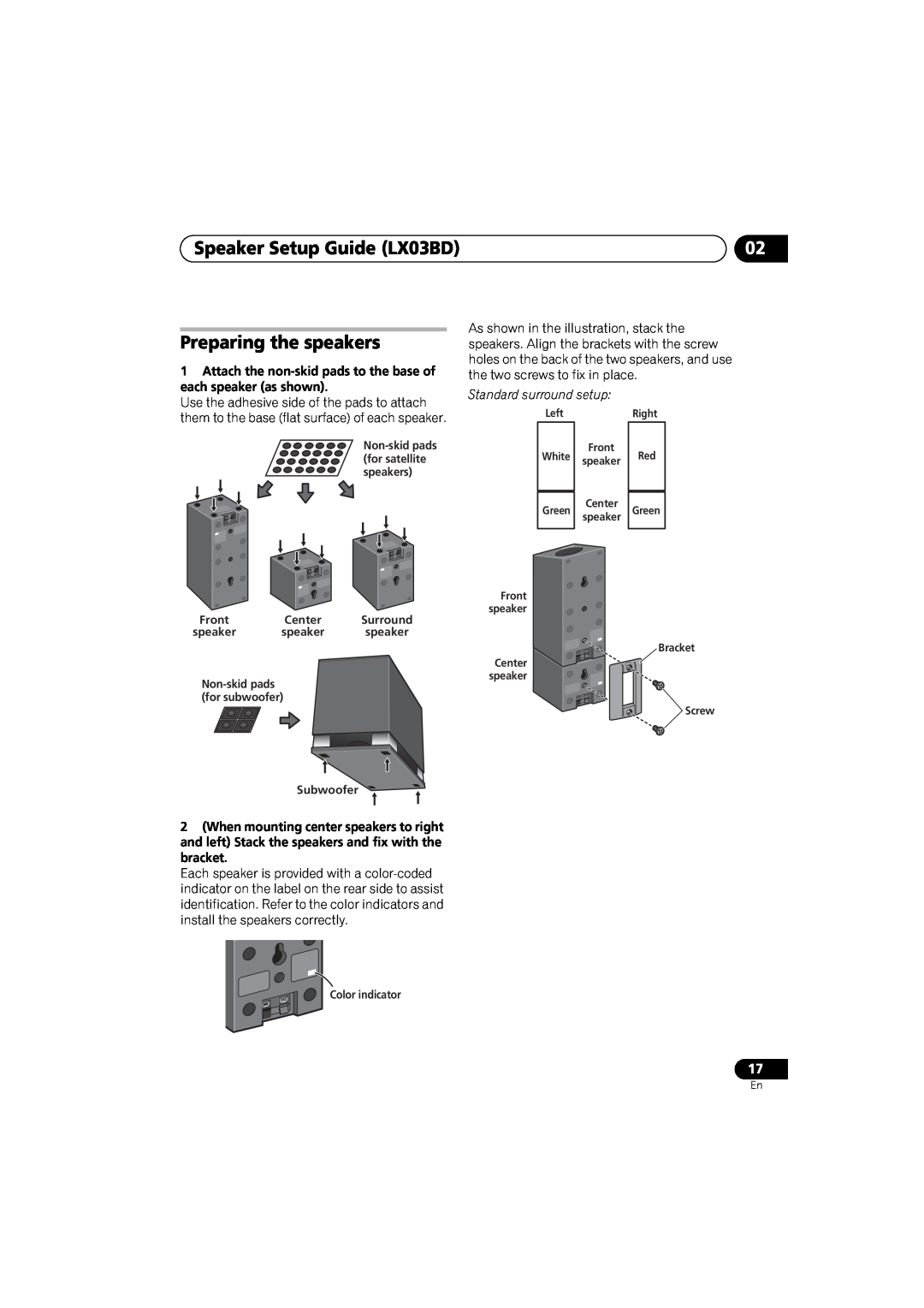 Pioneer SX-LX03 manual Preparing the speakers, Speaker Setup Guide LX03BD, Italiano, Español, Nederlands 