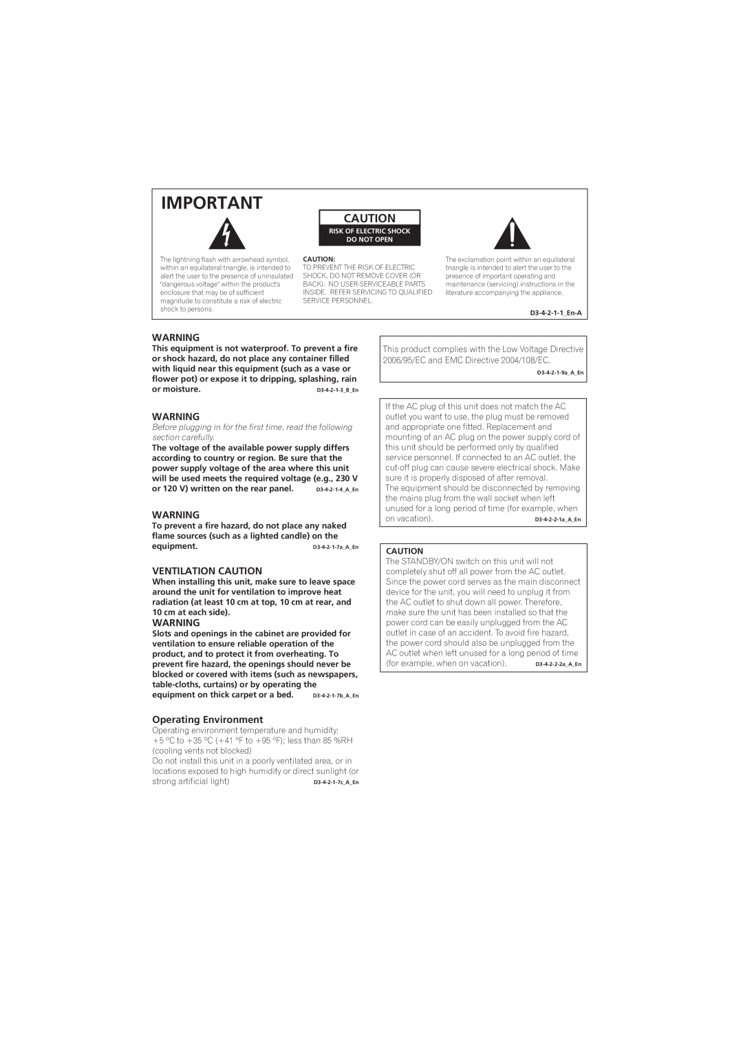 Pioneer SX-LX03 manual Ventilation Caution, Operating Environment 