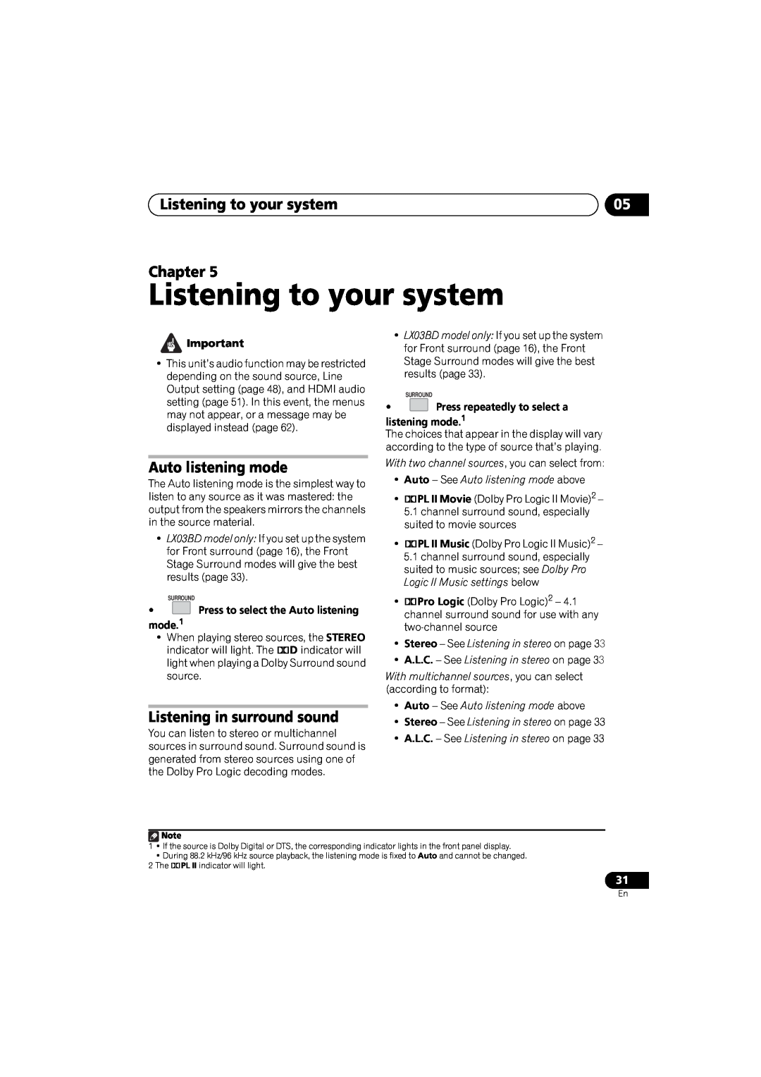 Pioneer SX-LX03 manual Listening to your system Chapter, Auto listening mode, Listening in surround sound, English 