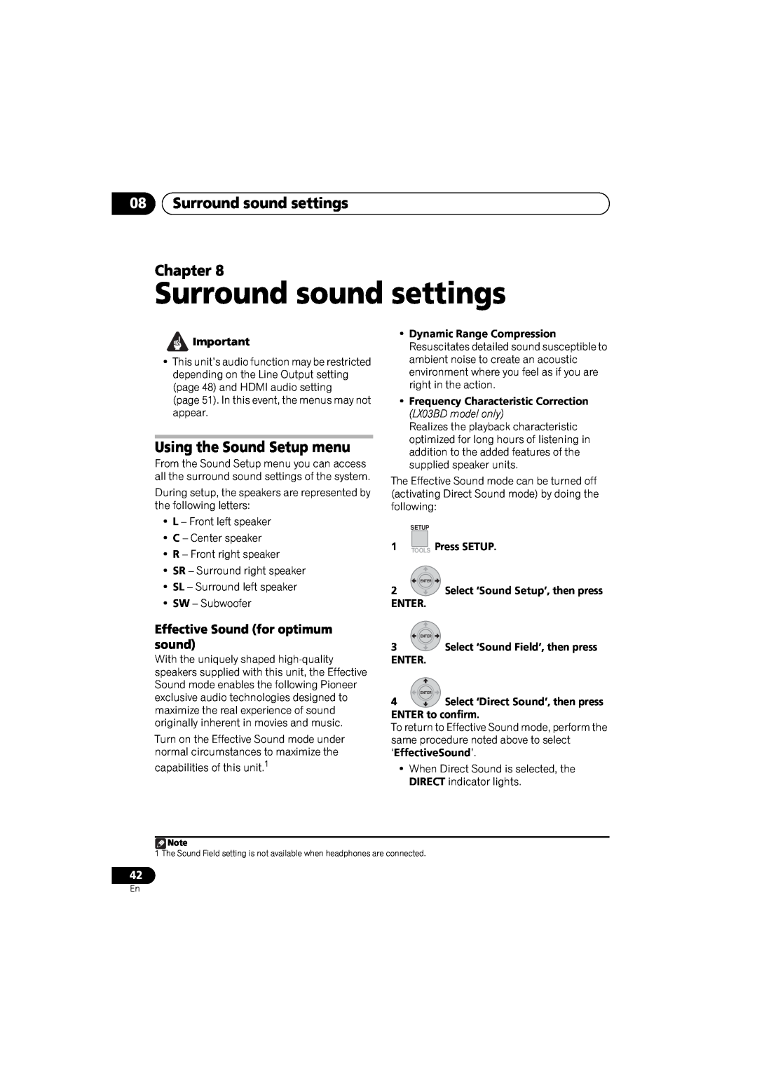 Pioneer SX-LX03 manual 08Surround sound settings Chapter, Using the Sound Setup menu, Effective Sound for optimum sound 