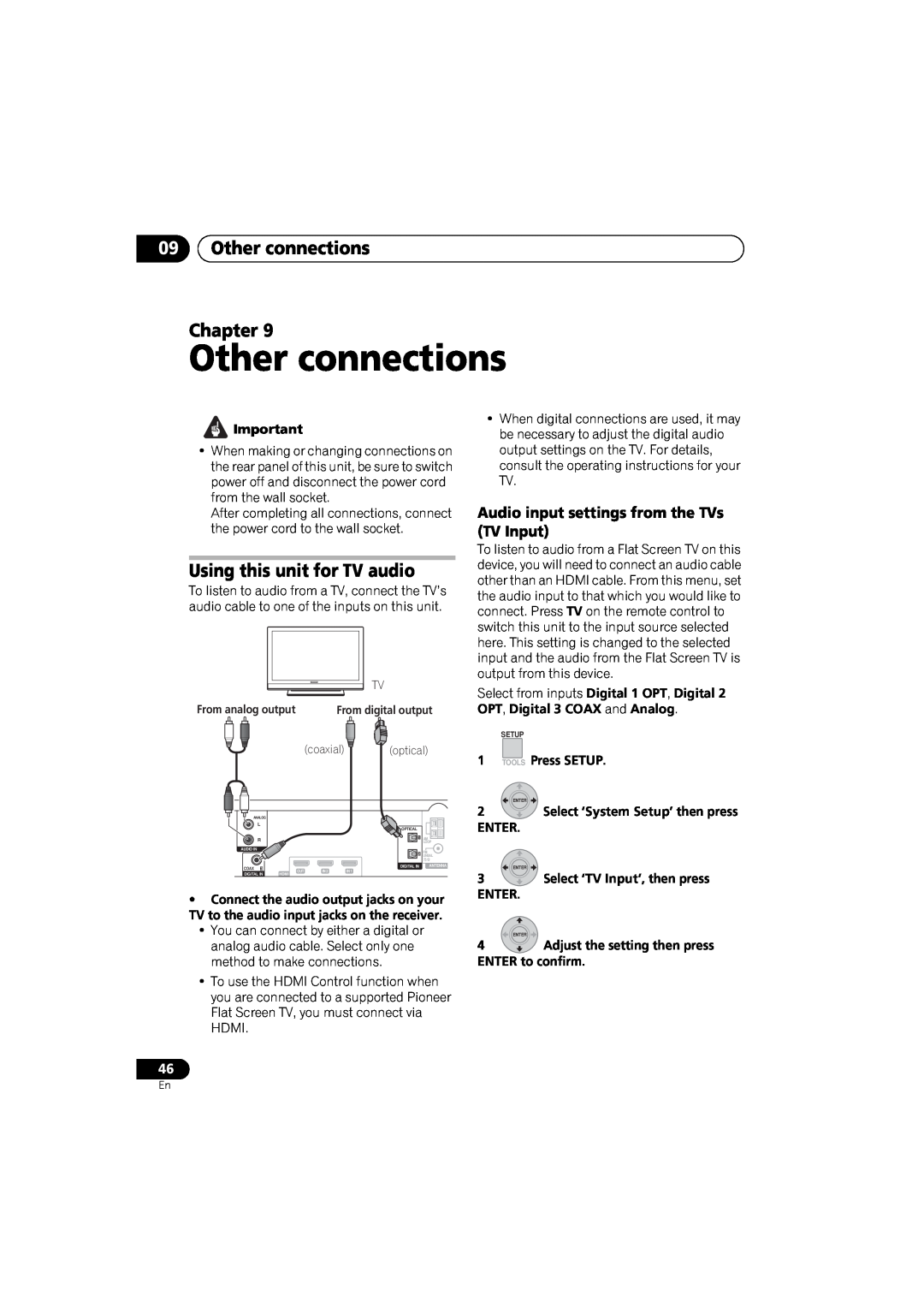 Pioneer SX-LX03 09Other connections Chapter, Using this unit for TV audio, Audio input settings from the TVs TV Input 