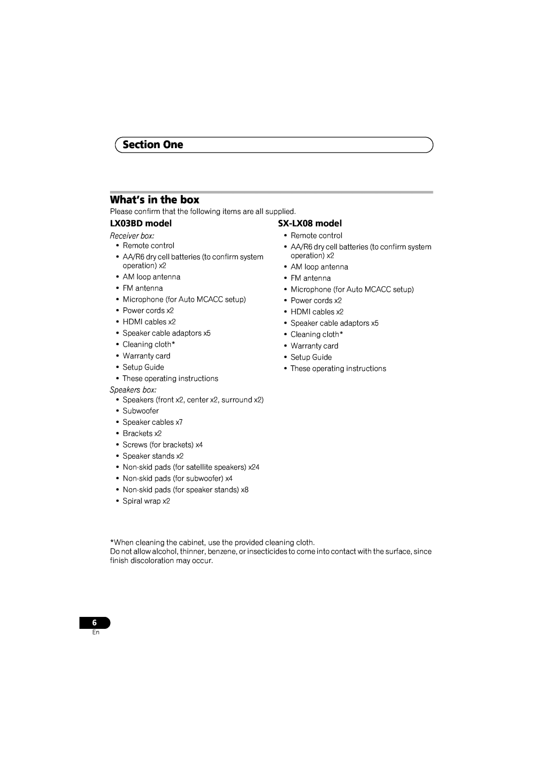 Pioneer SX-LX03 manual Section One What’s in the box, LX03BD model, SX-LX08model, Receiver box, Speakers box 