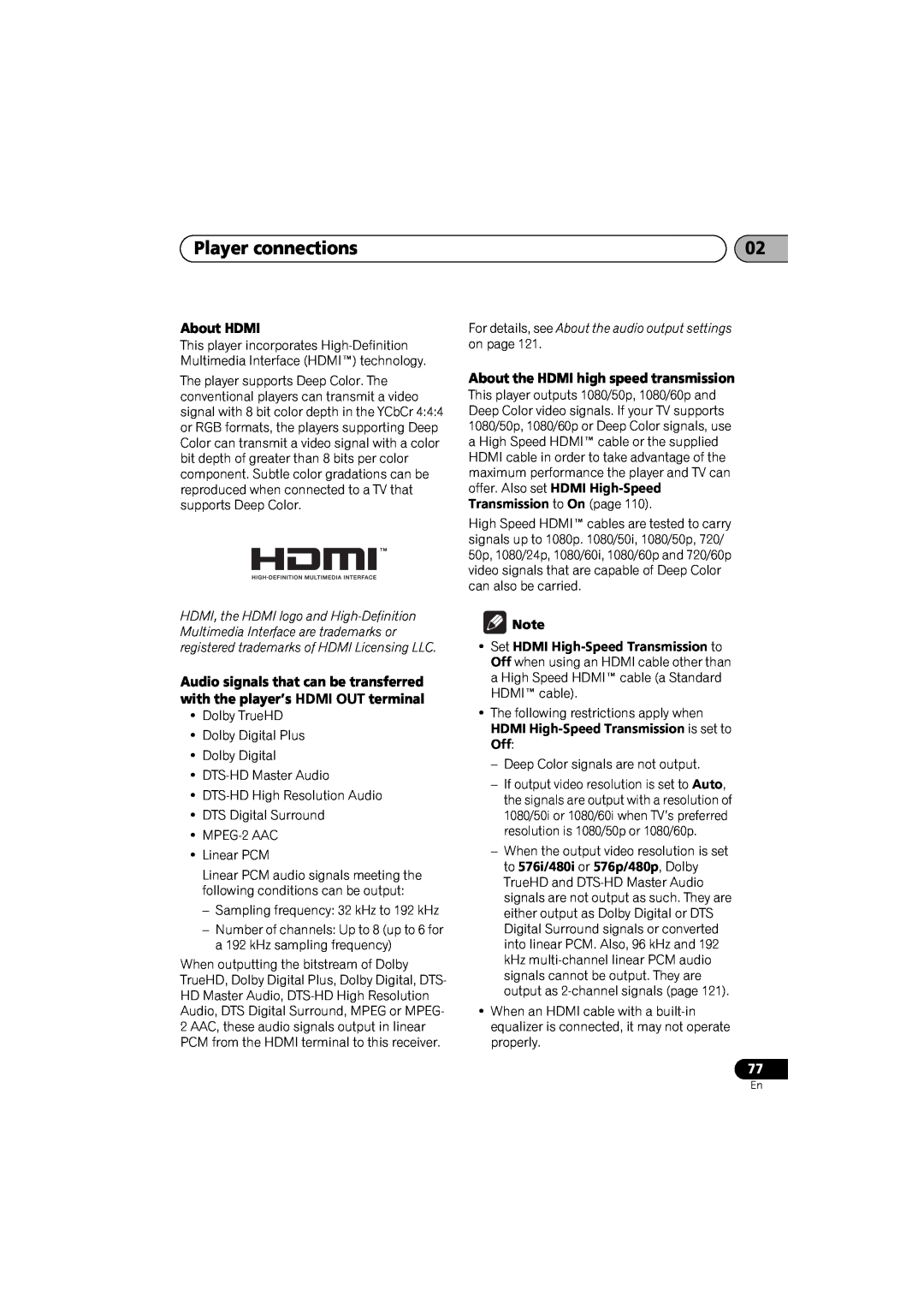 Pioneer SX-LX03 manual Player connections, About HDMI, About the HDMI high speed transmission 