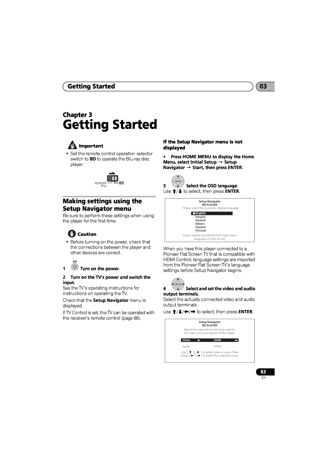 Pioneer SX-LX03 manual Getting Started Chapter, Making settings using the Setup Navigator menu 